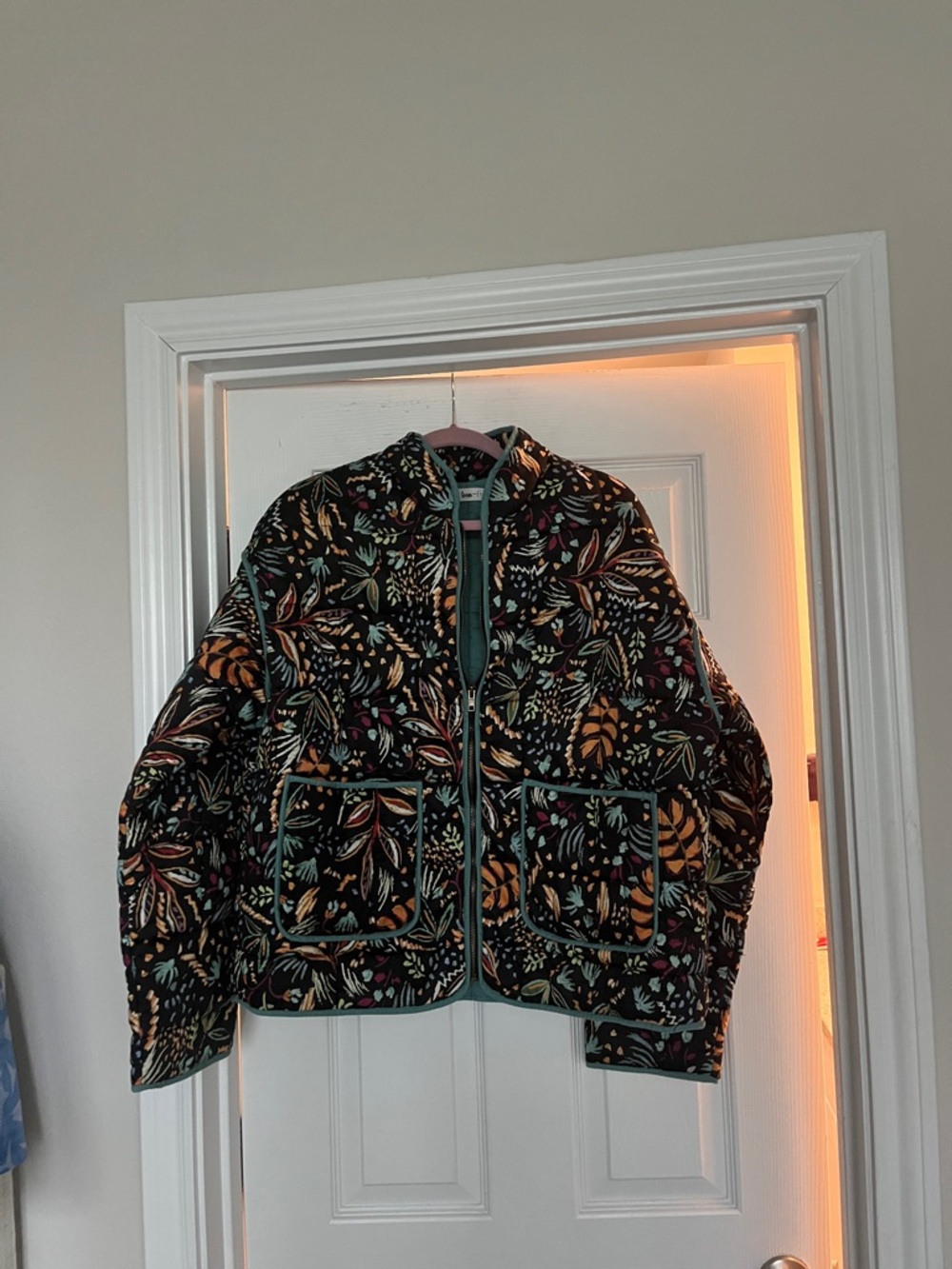 In Bloom Quilted Floral Cropped Puffer Jacket - Black with Teal Trim